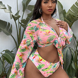 3 piezas banador bikini halter tropical con kimono