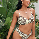 Swim Curve Conjunto De 3 Piezas De Traje De Bano De Bikini Con Estampado De Tigre Y Cubierta