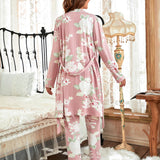 3 piezas conjunto de pijama con estampado floral con tunica con cinturon