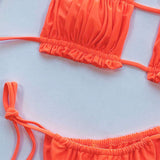 Swim Conjunto de bikini fruncido con ribete de volantes, parte superior tipo bandeau con lazo en la espalda y bottom con lazo lateral, traje de bano de 2 piezas