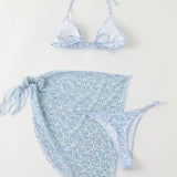 Swim Conjunto de bikini floral Ditsy, sujetador triangular, bottom de tanga y falda para cubrir, traje de bano de 3 piezas