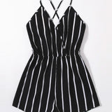 VCAY Crisscross Backless Striped Cami Romper