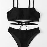 Swim Conjunto de bikini texturizado Sujetador sin aros cruzado en la espalda y bottom de bikini estilo hipster Traje de bano de 2 piezas