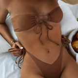 Swim Conjunto de bikini unicolor Bandeau Bra & bottom con cordon lateral tanga Traje de bano de 2 piezas