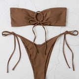 Swim Conjunto de bikini unicolor Bandeau Bra & bottom con cordon lateral tanga Traje de bano de 2 piezas