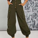 SXY Pantalones cargo de talle alto con boton bolsillo de parche