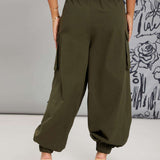 SXY Pantalones cargo de talle alto con boton bolsillo de parche