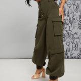 SXY Pantalones cargo de talle alto con boton bolsillo de parche