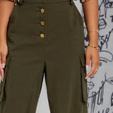 SXY Pantalones cargo de talle alto con boton bolsillo de parche