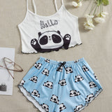 Conjunto de pijama panda con con estampado de letra ribete en forma de lechuga