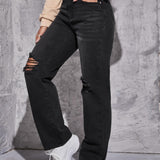 EZwear Jeans rotos de talle alto de pierna recta