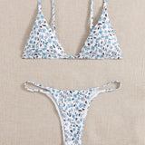 Swim Mod Conjunto de bikini floral Ditsy, sujetador de triangulo y tanga inferior Traje de bano de 2 piezas