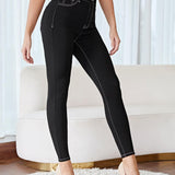 Frenchy Pantalon casual de mujer de primavera/verano negro ajustado y solido con costuras de contraste