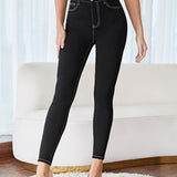 Frenchy Pantalon casual de mujer de primavera/verano negro ajustado y solido con costuras de contraste
