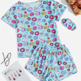 Conjunto de pijama con estampado de donut con mascara de ojo