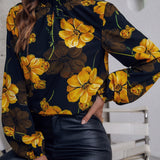 VCAY Blusa con estampado floral de cuello alto