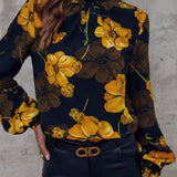 VCAY Blusa con estampado floral de cuello alto