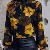 VCAY Blusa con estampado floral de cuello alto