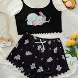 Conjunto de pijama de tirantes elefante & con estampado de mariposa ribete en forma de lechuga