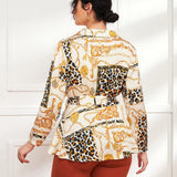 ely Blusa con estampado de leopardo y cadena con cinturon de saten