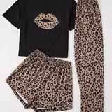 con estampado de labio CamiConjuntoa con de leopardo Shorts & Pantalones Conjunto de pijama