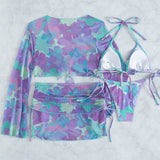 Swim Conjunto de bikini con estampado floral de acuarela Sujetador de triangulo halter y bottom de bikini y tapa superior y falda Traje de bano de 4 piezas