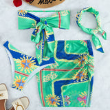 Swim 4 piezas con estampado floral con nudo delantero Banador bikini & Falda de playa