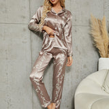 LuxeNights con estampado floral ribete en contraste de Satin Blusa & Pantalones Conjunto de pijama