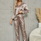 LuxeNights con estampado floral ribete en contraste de Satin Blusa & Pantalones Conjunto de pijama