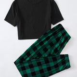 Camiseta crop con con estampado de guingan Pantalones Conjunto de pijama