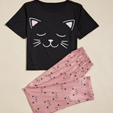 Conjunto de pijama con estampado de gato de dibujos animados