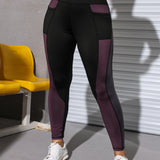 Yoga Basic Leggings deportivos con estiramiento alto de color combinado con bolsillo de celular