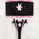 ROMWE Kawaii Set de lenceria bandeau con estampado de dibujos animados ribete fruncido