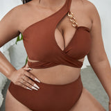 Swim Curve Traje de bano con envoltura de talla grande con un hombro con sujetador y braguita de bikini con cadena para la playa en verano