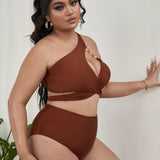 Swim Curve Traje de bano con envoltura de talla grande con un hombro con sujetador y braguita de bikini con cadena para la playa en verano