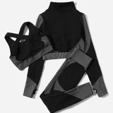 Yoga Futuristic Conjunto de entrenamiento de rayas a rayas texturizadas, 3 piezas, sujetador entrecruzado, chaqueta con orificio para el pulgar y mallas con cintura ancha