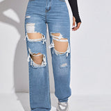 EZwear Jeans rectos de talle alto roto