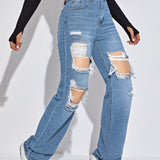 EZwear Jeans rectos de talle alto roto