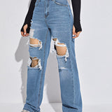 EZwear Jeans rectos de talle alto roto