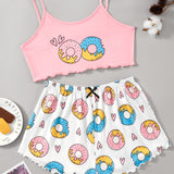 Conjunto de pijama de tirantes con estampado de donuts ribete en forma de lechuga