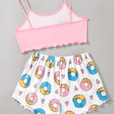 Conjunto de pijama de tirantes con estampado de donuts ribete en forma de lechuga