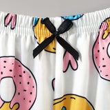 Conjunto de pijama de tirantes con estampado de donuts ribete en forma de lechuga