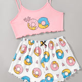 Conjunto de pijama de tirantes con estampado de donuts ribete en forma de lechuga