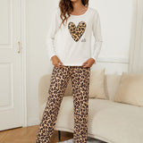 Conjunto de pijama top con estampado de letra y corazon con pantalones de leopardo con venda