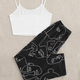 Conjunto de pijama pantalones con estampado de figura con top de tirantes unicolor