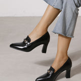 Mocasines con puntera en punta y decoración de filetes de tacón grueso, zapatos de tacón alto de mujer de color sólido elegante negro