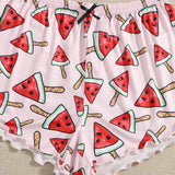 Conjunto de pijama ribete en forma de lechuga con estampado de sandia y corazon