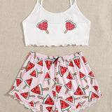 Conjunto de pijama ribete en forma de lechuga con estampado de sandia y corazon