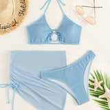 Swim 3 piezas con textura vinculado con aro Banador bikini halter & Falda de playa