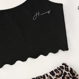 Conjunto de pijama top de tirantes bajo en abanico con estampado de letra con shorts de leopardo